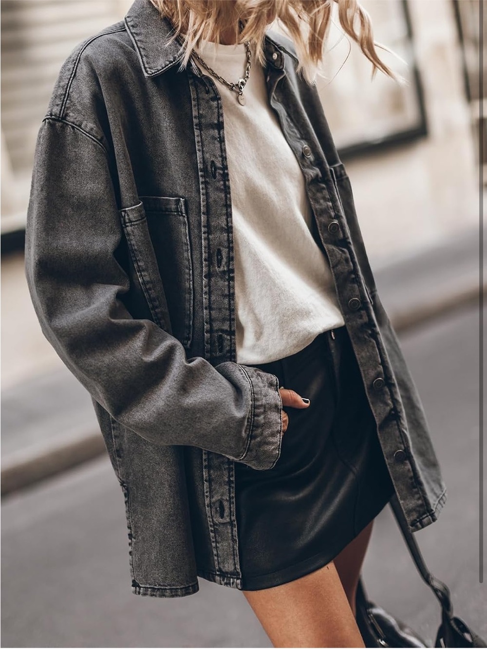 Washed Charcoal Gray Oversized Denim Shacket - Picture 2 of 7